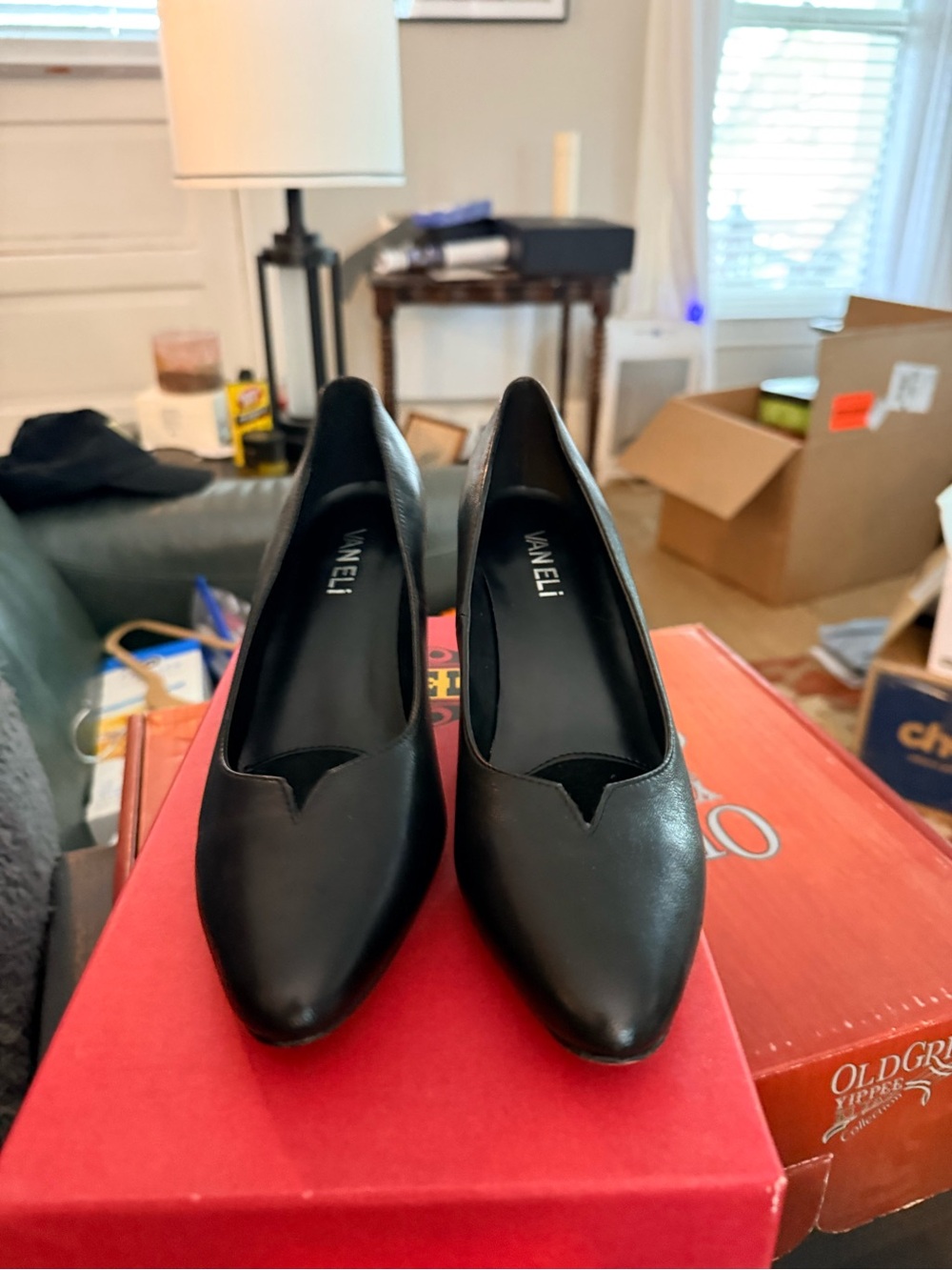 Vaneli Black Leather V-Cut Pointed Toe Pumps 7N
